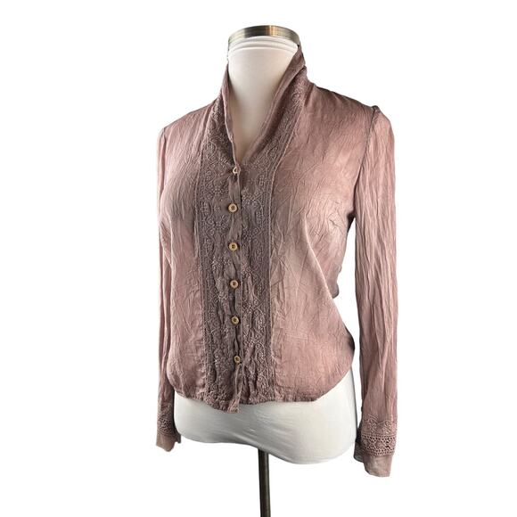 Johnny Was Embroidered Button Blouse Boho Crinkle Cotton Rayon Top Mauve Small - Picture 2 of 12